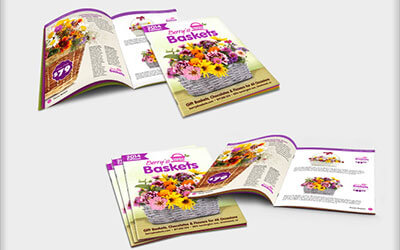 Яркий дизайн каталога с изображениями карзин с цветами