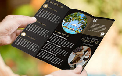 Оригинальный дизайн брошюры с изображением солнечного пляжа на черном фоне