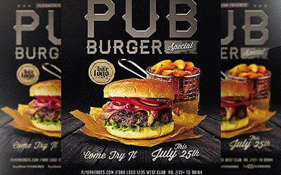 Дерзкий дизайн флаера в черном оформлении с изображением гамбургеров