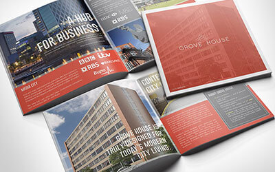Дизайн каталога с изображением офисных зданий со вставками на красном фоне